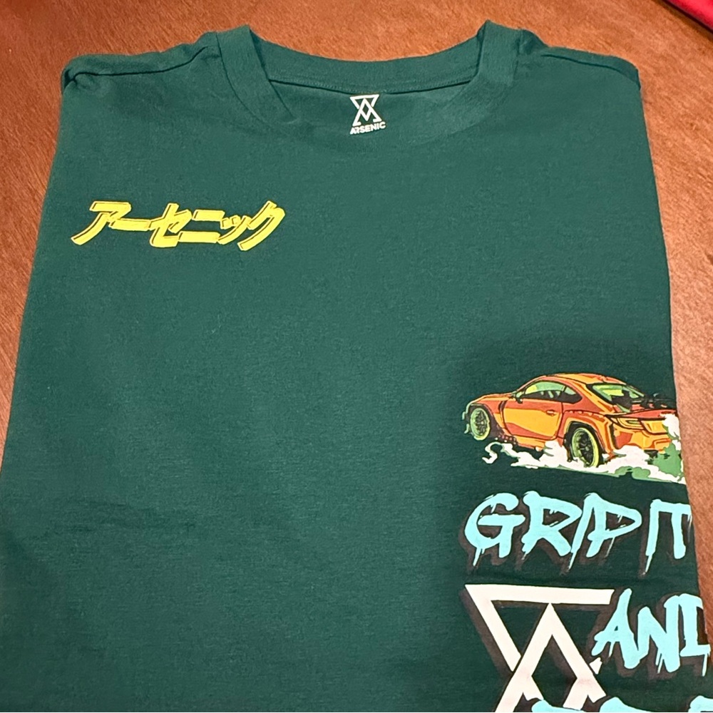 Green Graphic Tee with Colorful Car Design
